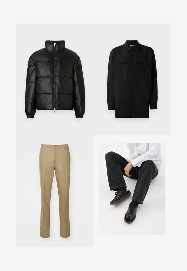 Juodas pūkinis švarkas su aukštu apykakle, užtrauktuko priekyje, siuvinėtu dizainu, elastingais rankogaliais ir blizgia, lygiąja audinio apdaila.; Juodas marškinis su mygtukais, pagamintas iš lygaus audinio, turi klasikinius apykaklės, du priekiniai kišeniai ir ilgus rankovės su mygtukais.; Chaki kelnės, pagamintos iš medvilnės mišinio, su tiesiu kengūros kirpimu, matomomis priekinėmis kišenėmis, užtrauktuku ir klasikiniu juosmeniu su vienu mygtuku.; Juodi sportbačiai su lygiu ir tekstūruotu paviršiumi, turi guminį padas ir tamsias raištelius. Suderinti su juodomis džinsais ir balta juostuota marškinėliais.