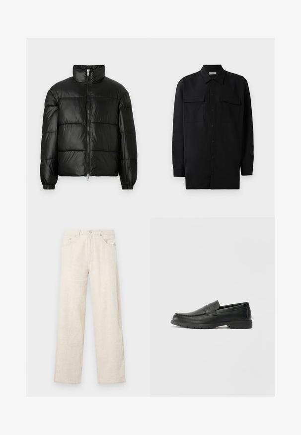 Svart pufferjakke med høy krage, glidelås foran, quiltet design, elastiske mansjetter og blank, glatt stofffinish.; Svart skjorte med knapper laget av glatt stoff, med klassisk krage, to frontlommer og lange ermer med knappe mansjetter.; Beige vide bukser laget av teksturert stoff, med en knappelukking, beltehemper og klassisk lommeutforming.; Svart skinnloafers med glatt finish, mokkasin-stil overdel, broderte detaljer og gummisåle. Klassisk design med lav hæl.
