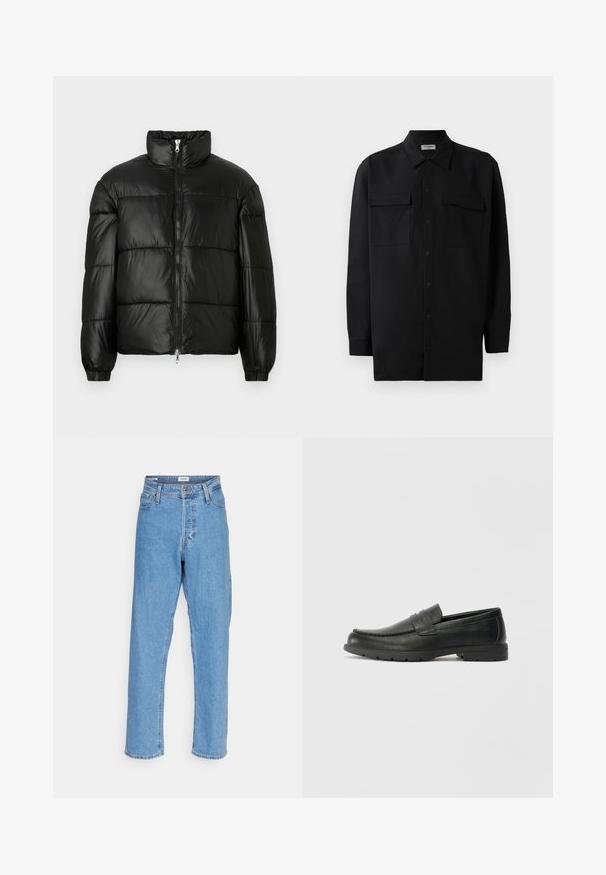 Schwarze Daunenjacke mit hohem Kragen, Reißverschluss vorne, gestepptem Design, elastischen Bündchen und glänzendem, glattem Stofffinish.; Schwarzes Hemd mit Knopfleiste aus glattem Stoff, das einen klassischen Kragen, zwei Brusttaschen und lange Ärmel mit Knopfmanschetten aufweist.; Helle blaue, hoch-taillierte, gerade Jeans mit vorderem Knopf, Reißverschluss, Gürtelschlaufen und Fünf-Taschen-Design auf weißem Hintergrund.; Schwarze Lederloafers mit glatter Oberfläche, Mokassin-oberteil, genähten Details und Gummisohle. Klassisches Design mit niedrigem Absatz.