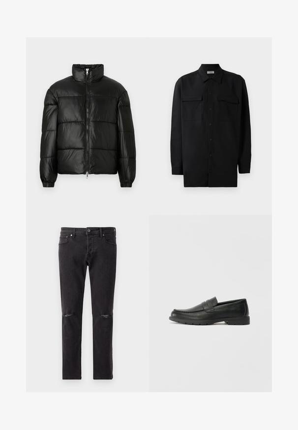 Čierna páperová bunda s vysokým golierom, predným zipsom, prešívaným dizajnom, elastickými manžetami a lesklým hladkým materiálom.; Čierna košeľa na gombíky vyrobená z hladkej tkaniny, so klasickým golierom, dvoma prednými vreckami a dlhými rukávmi s gombíkovými manžetami.; Čierne denimové džínsy so slim fit strihom, s dvoma roztrhnutiami na kolenách a štandardným dizajnom s piatimi vreckami. Mäkká textúra, minimálne kovové detaily.; Čierne kožené mokasíny s hladkým povrchom, vrchnou časťou v štýle mokasín, prešitým detailom a gumovou podrážkou. Klasický dizajn s nízkym podpätkom.