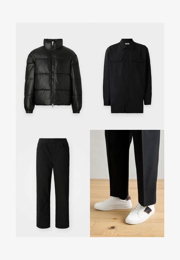 Must mustaga jakker, millel on kõrge krae, luku esikinnitus, tikanditud disain, elastsed mansetid ja läikiv, sile kangast viimistlus.; Mustmust värvi nööpidega särk, mis on valmistatud sujuvast kangast, klassikalise kraega, kahe eesmise tasku ja pikkade varrukatega, millel on nööpidega mansetid.; Must have lõikega mustad puuvillased püksid, elastse vöökoha, kahe esipocketi ja sirgete jalgadega. Sile tekstuur, ilma nähtavate mustriteta.; Valged sneakersid siledat tekstuurist, millel on pruunad nahast detailid ja mustad aksessuaarid, millele on sobitatud mustad kohandatud püksid. Puitpõranda taust.