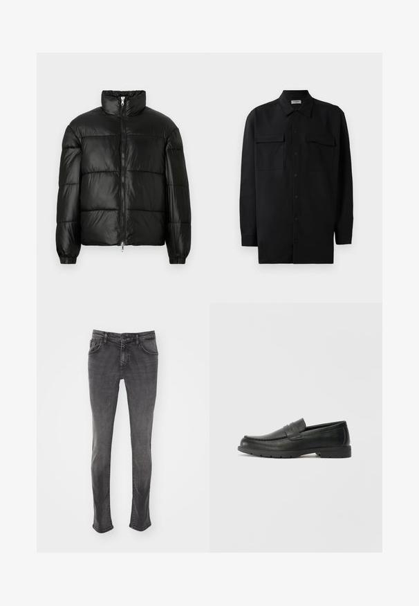 Must mustaga jakker, millel on kõrge krae, luku esikinnitus, tikanditud disain, elastsed mansetid ja läikiv, sile kangast viimistlus.; Mustmust värvi nööpidega särk, mis on valmistatud sujuvast kangast, klassikalise kraega, kahe eesmise tasku ja pikkade varrukatega, millel on nööpidega mansetid.; Hallide denim teksad, sirge sääre disainiga, viie taskuga ja kerge kulumisega. Omab nööbiga sulgemist ja vöökonte.; Musthave nahkkingad siledast nahast, mokassiini stiilis ülevalt, tikanditega ja kummist tallaga. Klassikaline disain madala kontsaga.