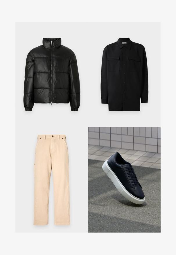 Svart pufferjakke med høy krage, glidelås foran, quiltet design, elastiske mansjetter og blank, glatt stofffinish.; Svart skjorte med knapper laget av glatt stoff, med klassisk krage, to frontlommer og lange ermer med knappe mansjetter.; Beige bomullsbukser med rett ben, med sidelommer, belteklips og frontlukking med knapp. Glatt tekstur, minimalistisk design.; Sorte skinnsneakers med rund tå og hvit gummisåle. Har flate lisser og minimal søm på overdelen. Strukturert såle for grep.