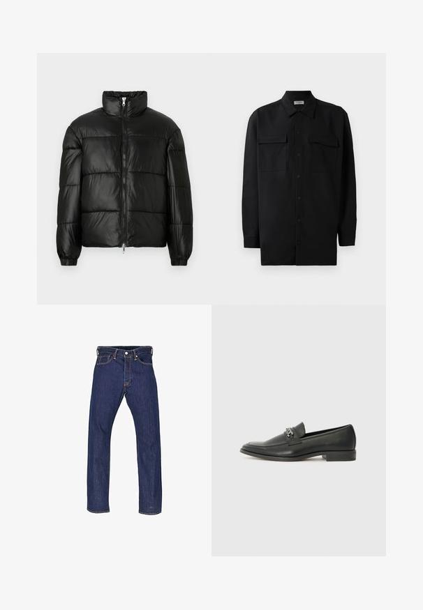 Black puffer jacket with a high collar, zip front closure, quilted design, elastic cuffs, and shiny, smooth fabric finish.; Black button-up shirt made of smooth fabric, featuring a classic collar, two front pockets, and long sleeves with button cuffs.; Dark blue denim jeans with a straight-leg fit, five pockets, and contrast stitching. Features a button fly and metal rivets.; Black leather loafer with a smooth finish, featuring a stitched design and a decorative metal chain accent across the vamp. Flat heel.