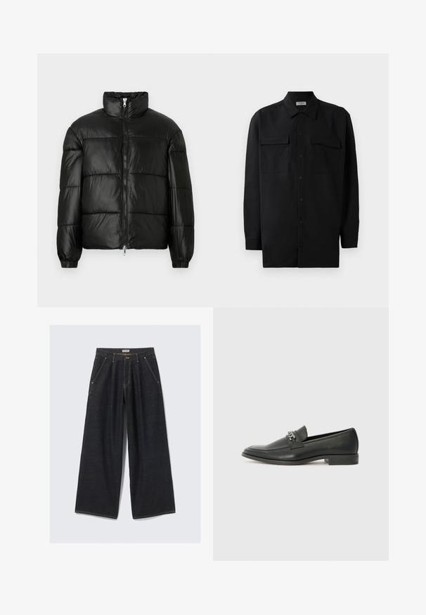 Black puffer jacket with a high collar, zip front closure, quilted design, elastic cuffs, and shiny, smooth fabric finish.; Black button-up shirt made of smooth fabric, featuring a classic collar, two front pockets, and long sleeves with button cuffs.; Dark blue wide-leg jeans with front pleats, slanted pockets, belt loops, and a button closure at the waistband labeled "WEEKDAY."; Black leather loafer with a smooth finish, featuring a stitched design and a decorative metal chain accent across the vamp. Flat heel.