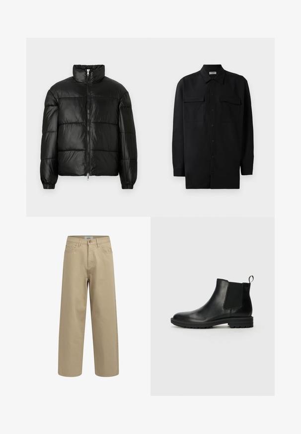 Čierna páperová bunda s vysokým golierom, predným zipsom, prešívaným dizajnom, elastickými manžetami a lesklým hladkým materiálom.; Čierna košeľa na gombíky vyrobená z hladkej tkaniny, so klasickým golierom, dvoma prednými vreckami a dlhými rukávmi s gombíkovými manžetami.; Béžové nohavice s širokými nohavicami vyrobené z bavlnenej tkaniny. Obsahujú zapínanie na gombík, pútka na opasok a predné vrecká. Hladký povrch bez viditeľných vzorov.; Jack & Jones JFWHOSKINS - Klasické členkové čižmy - anthracite