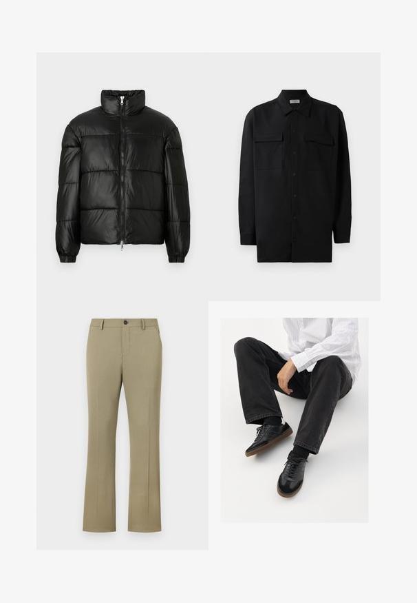 Crna puffer jakna s visokim ovratnikom, zatvaranjem na zip, quilted dizajnom, elastičnim manžetama i sjajnim, glatkim materijalom.; Crna košulja s dugim rukavima od glatkog materijala, s klasičnom kragnom, dva prednja džepa i dugmadima na manžetama.; Svijetlo smeđe hlače s crnim širinama i glatkom, tkano teksturom. Imaju zatvaranje na gumbe, patentni zatvarač, bočne džepove i prilagođeni kroj.; Crne tenisice s glatkim i teksturiranim gornjim dijelom, koje imaju gumeni potplat i tamne vezice. Uparene s crnim trapericama i bijelom košuljom s prugama.