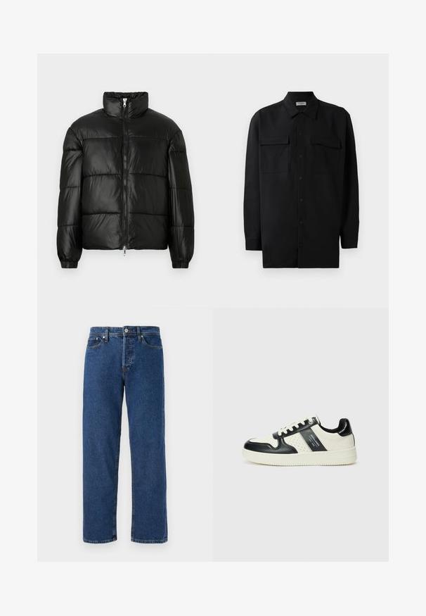 Must mustaga jakker, millel on kõrge krae, luku esikinnitus, tikanditud disain, elastsed mansetid ja läikiv, sile kangast viimistlus.; Mustmust värvi nööpidega särk, mis on valmistatud sujuvast kangast, klassikalise kraega, kahe eesmise tasku ja pikkade varrukatega, millel on nööpidega mansetid.; Sinine denim ehk teksapüksid sirge lõikega, millel on viis taskut, metallist nööbi kinnitamine ja nähtav õmblus õmblustes.; Nahatud nahkkingad musta ja kreemi värviskeemiga, millel on perforeeritud aktsendid, pehme krae ja tekstureeritud tallad.