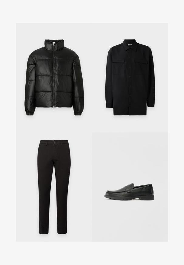 Black puffer jacket with a high collar, zip front closure, quilted design, elastic cuffs, and shiny, smooth fabric finish.; Black button-up shirt made of smooth fabric, featuring a classic collar, two front pockets, and long sleeves with button cuffs.; Black chinos with a slim fit, made of cotton blend fabric. Features a front button closure and five pockets. Smooth texture, minimal detailing.; Black leather loafers with a smooth finish, moccasin-style upper, stitched detailing, and a rubber sole. Classic design with a low heel.