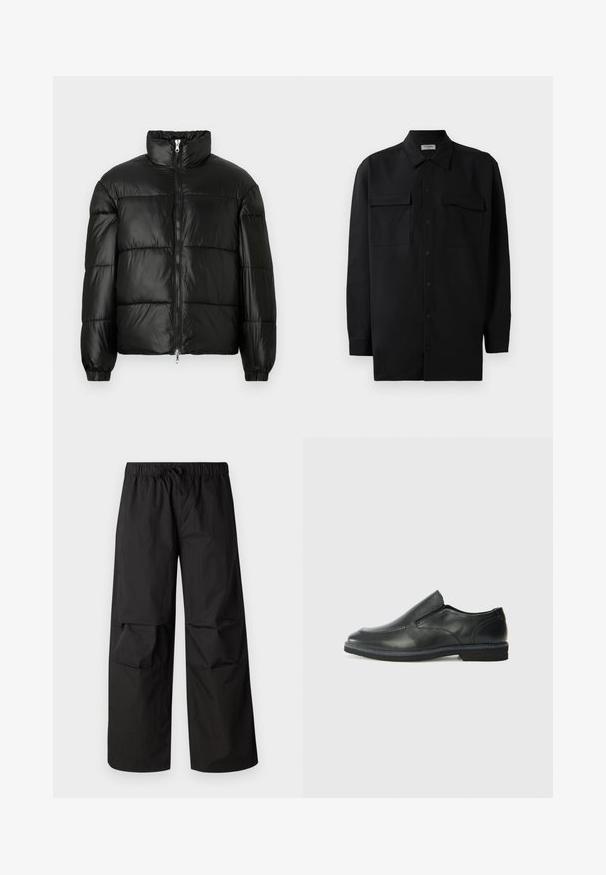 Čierna páperová bunda s vysokým golierom, predným zipsom, prešívaným dizajnom, elastickými manžetami a lesklým hladkým materiálom.; Čierna košeľa na gombíky vyrobená z hladkej tkaniny, so klasickým golierom, dvoma prednými vreckami a dlhými rukávmi s gombíkovými manžetami.; Čierne široké nohavice vyrobené z ľahkej tkaniny, s elastickým pásom a šnúrkou, a detailmi na kolenách.; Čierny kožený nazúvací topánka s hladkým zvrškom, prešitými akcentmi, zaoblenou špičkou a nízkym gumovým podpätkom. Podošva má minimálny dezén.