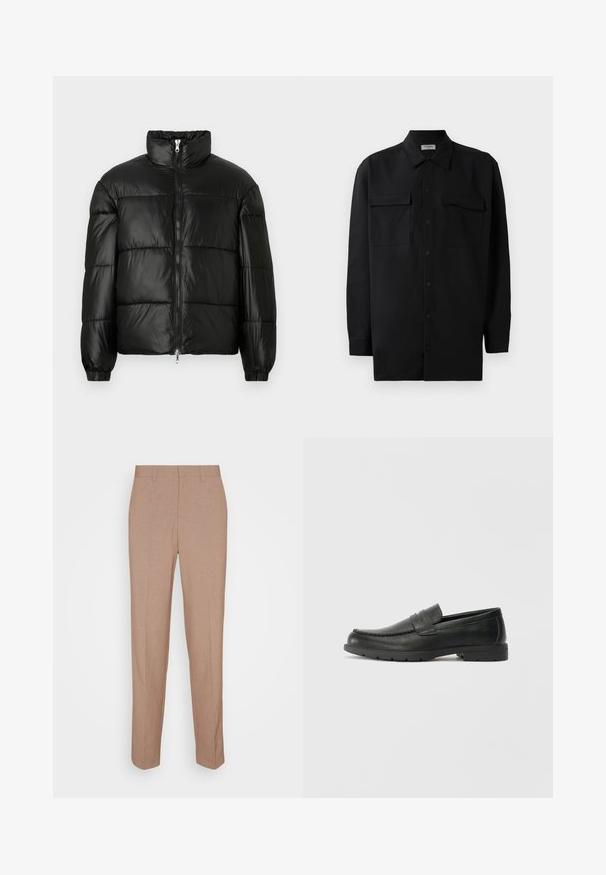 Melna pūkainā jaka ar augstu apkakli, rāvējslēdzēja priekšējo aizdari, quilted dizainu, elastīgām piedurknēm un spīdīgu, gludu auduma apdari.; Melnā pogu krekla, kas izgatavota no gludas auduma, ar klasisku apkakli, divām priekšējām kabatām un garām piedurknēm ar pogu aprocēm.; Bēša krāsas piegriezumu bikses no gludas, teksturētas auduma. Taisna piegriezuma ar jostasvietu, bez redzamām rotājumiem vai kabatām.; Melnas ādas loafers ar gludu apdari, mokasīnu stila augšdaļu, šūtu detalizāciju un gumijas zoli. Klasisks dizains ar zemu papēdi.