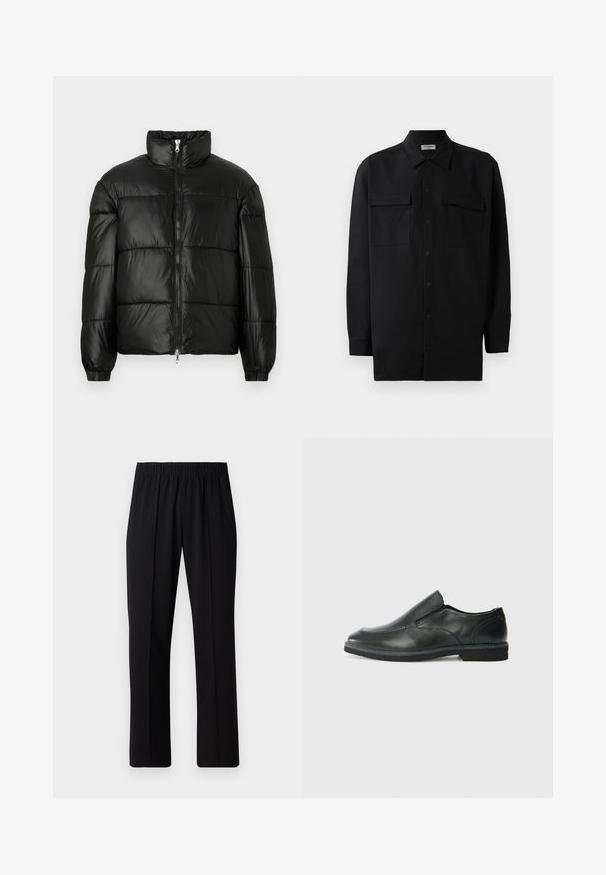 Schwarze Daunenjacke mit hohem Kragen, Reißverschluss vorne, gestepptem Design, elastischen Bündchen und glänzendem, glattem Stofffinish.; Schwarzes Hemd mit Knopfleiste aus glattem Stoff, das einen klassischen Kragen, zwei Brusttaschen und lange Ärmel mit Knopfmanschetten aufweist.; Schwarze, Gummibund-Hosen mit geradem Schnitt, die eine glatte Textur aufweisen und keine sichtbaren Muster oder Beschläge haben.; Schwarze Leder-Slipper mit glattem Obermaterial, gesteppten Akzenten, runder Zehenpartie und niedrigem Gummiabsatz. Die Sohle hat ein minimales Profil.