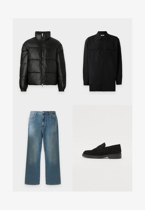 Giacca a vento nera con colletto alto, chiusura frontale con zip, design trapuntato, polsini elasticizzati e finitura in tessuto lucido e liscio.; Camicia nera con bottoni realizzata in tessuto morbido, dotata di colletto classico, due tasche frontali e maniche lunghe con polsini a bottone.; Jeans in denim blu con una vestibilità a gamba larga, caratterizzati da un lavaggio sbiadito, design classico a cinque tasche e chiusura con bottone in metallo in vita.; Mocassini in suede neri con tacco basso, dotati di una semplice fascia sulla parte superiore e dettagli testurizzati lungo i lati.