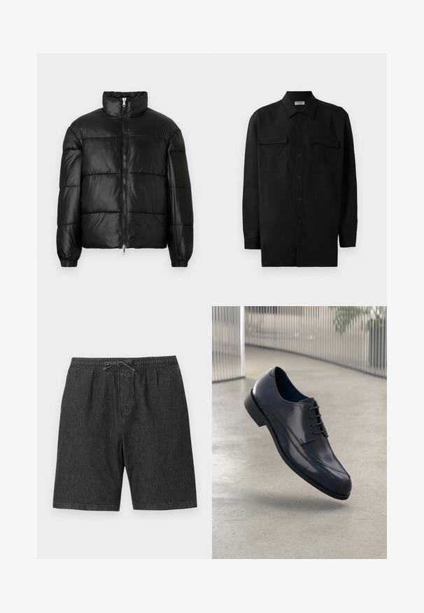Svart pufferjakke med høy krage, glidelås foran, quiltet design, elastiske mansjetter og blank, glatt stofffinish.; Svart skjorte med knapper laget av glatt stoff, med klassisk krage, to frontlommer og lange ermer med knappe mansjetter.; Sorte denim shorts med elastisk talje og justerbar snor. Har sidelommer og en løs, afslappet pasform.; Glans svart lærdressko med snørebånd, svevende over et glatt, lyst grått gulv med vertikale metallstenger i bakgrunnen.