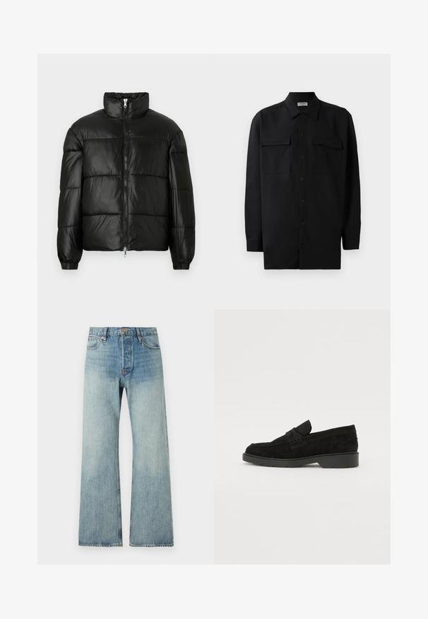 Black puffer jacket with a high collar, zip front closure, quilted design, elastic cuffs, and shiny, smooth fabric finish.; Black button-up shirt made of smooth fabric, featuring a classic collar, two front pockets, and long sleeves with button cuffs.; Light blue denim flared jeans with a high waist, copper hardware, five pockets, and subtle fading for a worn appearance.; Black suede loafers with a low heel, featuring a simple band across the upper and textured detailing along the sides.