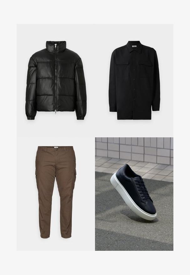 Zwarte pufferjack met een hoge kraag, ritsvoorzijde, gestikt ontwerp, elastische manchetten en een glanzende, gladde stofafwerking.; Zwarte button-up shirt gemaakt van gladde stof, met een klassieke kraag, twee voorzakken en lange mouwen met knopenmanchetten.; Bruine cargobroek met een rechte pasvorm, gemaakt van lichtgewicht katoen. Voorzien van zijzakken en riemlussen. Gladde textuur, geen patronen.; Zwarte leren sneaker met een ronde neus en een witte rubberen zool. Voorzien van platte veters en minimale stiksels op het bovenwerk. Textuurrijke zool voor grip.