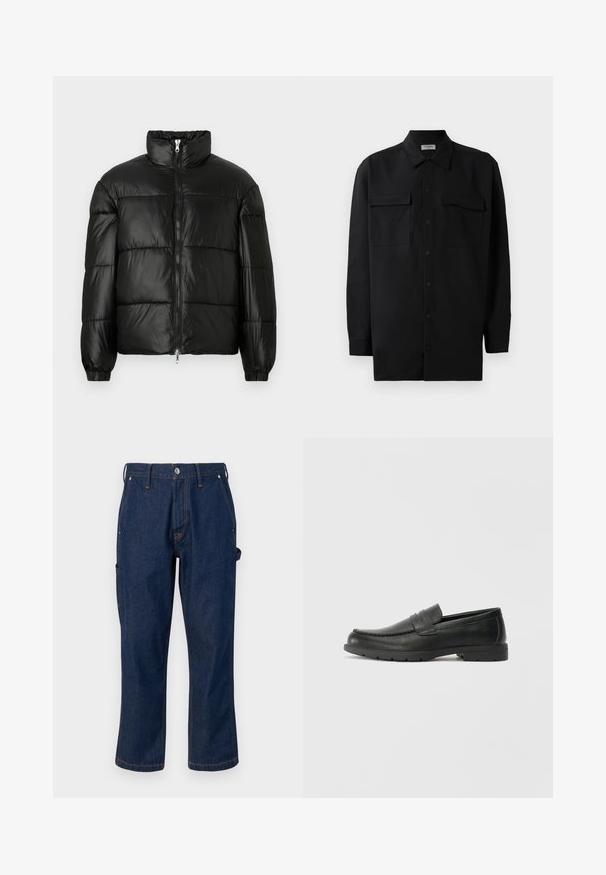 Juodas pūkinis švarkas su aukštu apykakle, užtrauktuko priekyje, siuvinėtu dizainu, elastingais rankogaliais ir blizgia, lygiąja audinio apdaila.; Juodas marškinis su mygtukais, pagamintas iš lygaus audinio, turi klasikinius apykaklės, du priekiniai kišeniai ir ilgus rankovės su mygtukais.; Tamsiai mėlynos džinsinės kelnės su tiesiu sijonu, su kontrastingais oranžiniais siūlais ir šoninėmis kišenėmis, užsegamos metaliniu mygtuku.; Juodai odiniai loaferiai su sklandžiu paviršiumi, mokasino stiliaus viršus, siuvinėjimu ir guminėmis padangomis. Klasikinis dizainas su žemu kulnu.