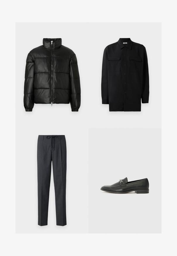 Crna puffer jakna s visokim ovratnikom, zatvaranjem na zip, quilted dizajnom, elastičnim manžetama i sjajnim, glatkim materijalom.; Crna košulja s dugim rukavima od glatkog materijala, s klasičnom kragnom, dva prednja džepa i dugmadima na manžetama.; Prilagođene tamnosive hlače s teksturiranim uzorkom, ravnog kroja i podesivim pojasom s vezicom. Glatka tkanina s uredno završenim šavovima.; Crna kožna loafer cipela s glatkom finišem, s ušivenim uzorkom i dekorativnim metalnim lancem preko prednjeg dijela. Ravni potplat.