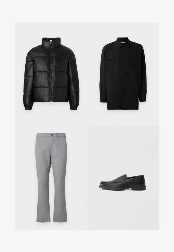 Čierna páperová bunda s vysokým golierom, predným zipsom, prešívaným dizajnom, elastickými manžetami a lesklým hladkým materiálom.; Čierna košeľa na gombíky vyrobená z hladkej tkaniny, so klasickým golierom, dvoma prednými vreckami a dlhými rukávmi s gombíkovými manžetami.; GAP SLIM PERFORMANCE STRETCH - Nohavice chinos - pilot grey; Čierne kožené mokasíny s hladkým povrchom, vrchnou časťou v štýle mokasín, prešitým detailom a gumovou podrážkou. Klasický dizajn s nízkym podpätkom.