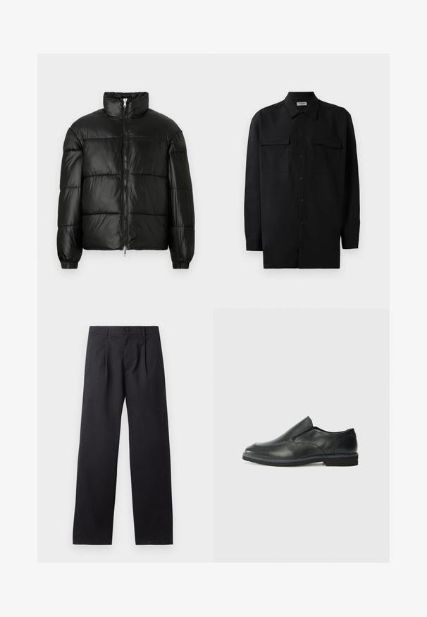 Svart puffjacka med hög krage, dragkedja fram, kviltat mönster, elastiska ärmslut och en blänkande, slät ytfinish.; Svart knappened skjorta i slät tyg, med klassisk krage, två frampockets samt långa ärmar med knäppning vid handlederna.; Svarta byxor med vida ben gjorda av ett glatt tyg. Har veck fram, knappstängning och två sidofickor.; Svart lädersko i slip-on-modell med en slät ovandel, sömnadsdetaljer, rund tå och låg gummihäl. Sulan har minimal mönstring.