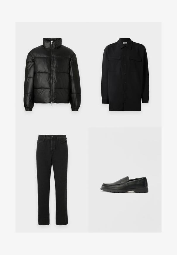 Must mustaga jakker, millel on kõrge krae, luku esikinnitus, tikanditud disain, elastsed mansetid ja läikiv, sile kangast viimistlus.; Mustmust värvi nööpidega särk, mis on valmistatud sujuvast kangast, klassikalise kraega, kahe eesmise tasku ja pikkade varrukatega, millel on nööpidega mansetid.; Mustara sirge säärega teksapüksid, millel on ees nupuga ja tõmblukuga sulgur, vöömugulad ning viie-tasku disain, esitatud valgel taustal.; Musthave nahkkingad siledast nahast, mokassiini stiilis ülevalt, tikanditega ja kummist tallaga. Klassikaline disain madala kontsaga.