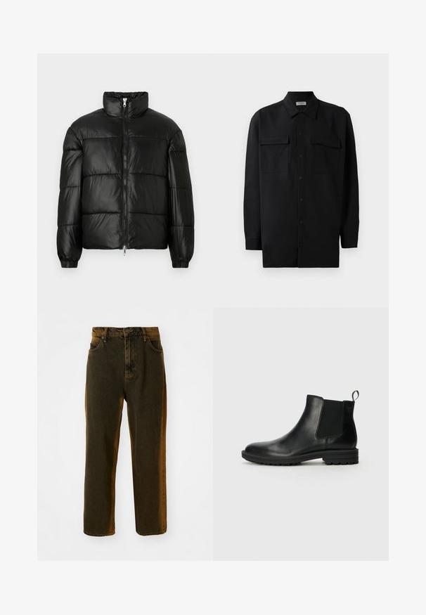 Chaqueta de pluma negra con un cuello alto, cierre frontal con cremallera, diseño acolchado, puños elásticos y acabado de tela brillante y suave.; Camisa negra de botones, fabricada en tejido suave, con un cuello clásico, dos bolsillos delanteros y mangas largas con puños de botón.; Vaqueros de mezclilla de pierna recta en marrón oscuro con botón y cremallera en la parte delantera, trabillas para cinturón y bolsillos delanteros y traseros.; Jack & Jones JFWHOSKINS - Botines - anthracite