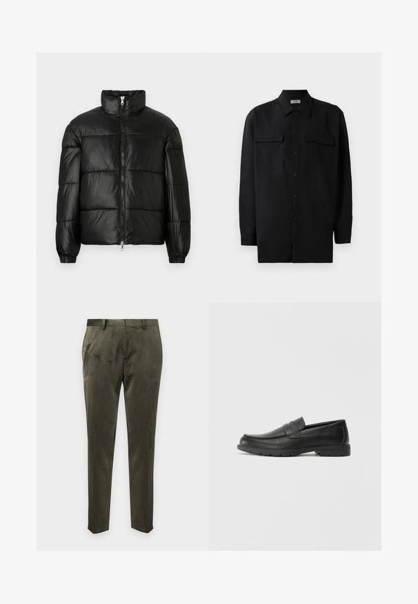 Svart pufferjakke med høy krage, glidelås foran, quiltet design, elastiske mansjetter og blank, glatt stofffinish.; Svart skjorte med knapper laget av glatt stoff, med klassisk krage, to frontlommer og lange ermer med knappe mansjetter.; Olivengrønne bukser lavet af blødt stof med en glat tekstur. Har en skræddersyet pasform og diskret folderdetalje foran.; Svart skinnloafers med glatt finish, mokkasin-stil overdel, broderte detaljer og gummisåle. Klassisk design med lav hæl.