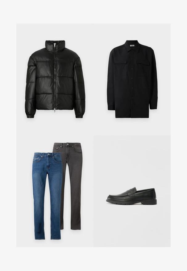 Fekete puffernadrág magas gallérral, cipzáras elülső záródással, steppelt kialakítással, elasztikus mandzsettákkal és fényes, sima szövetfelülettel.; Fekete gombos ing, sima anyagból készült, klasszikus gallérral, két elülső zsebbel és hosszú ujjakkal, amelyek gombos mandzsettával záródnak.; Két pár farmer: az egyik középkék, elhalványult kivitelben, a másik sötétszürke, sima textúrával. Mindkettő egyenes szabású és öt zsebbel rendelkezik.; Fekete bőr mokaszinok sima felülettel, a mokaszin stílusú felsőrésszel, varrott részletezéssel és gumitalppal. Klasszikus dizájn alacsony sarokkal.