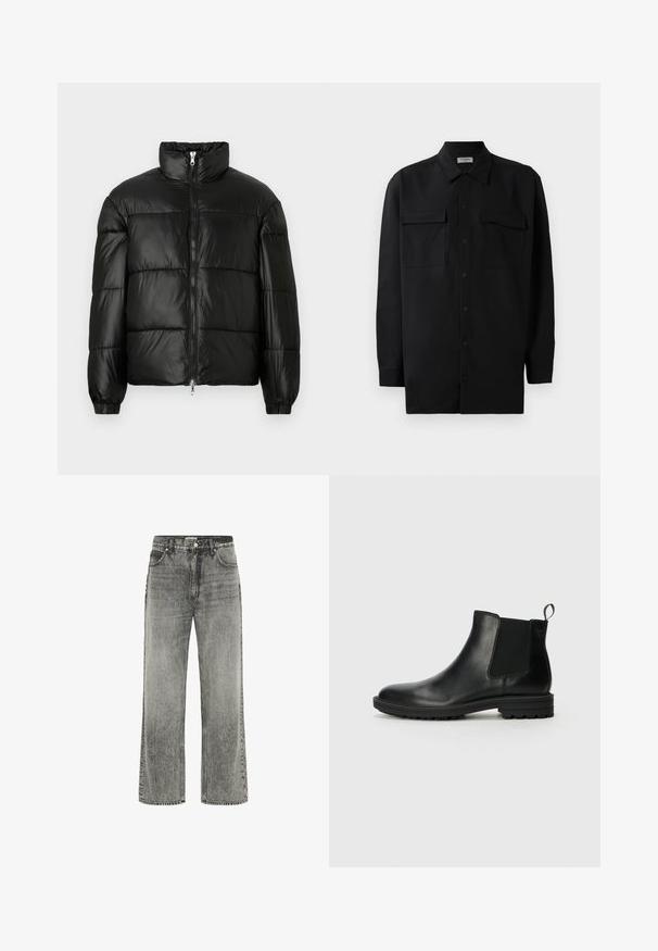 Melna pūkainā jaka ar augstu apkakli, rāvējslēdzēja priekšējo aizdari, quilted dizainu, elastīgām piedurknēm un spīdīgu, gludu auduma apdari.; Melnā pogu krekla, kas izgatavota no gludas auduma, ar klasisku apkakli, divām priekšējām kabatām un garām piedurknēm ar pogu aprocēm.; Pelēki platmala džinsi, izgatavoti no denima ar nodilušu apdari. Ieskaitot priekšējos kabatas, jostas cilpas un rāvējslēdzēja piedurkni ar pogu aizdari.; Jack & Jones JFWHOSKINS - Klasiski puszābaki - anthracite