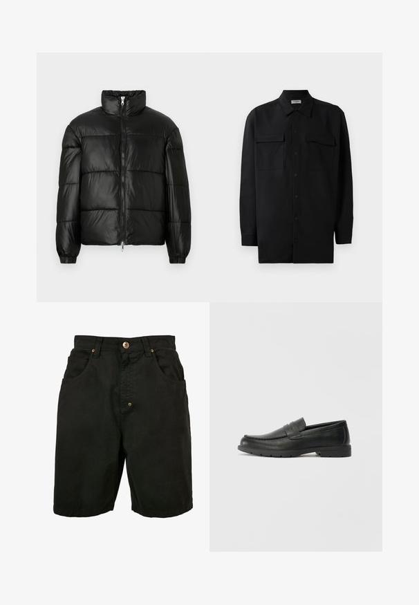 Geacă neagră din material puffy, cu guler înalt, închidere cu fermoar pe față, design matlasat, mansete elastice și finisaj din țesătură lucioasă și netedă.; Cămașă neagră cu nasturi, confecționată dintr-un material neted, având un guler clasic, două buzunare frontale și mâneci lungi cu manșete cu nasturi.; Șorturi negre din bumbac cu un elastic în talie, două buzunare frontale și un închidere cu un singur buton. Prezintă un material texturat și detalii minime.; Labeled cu oglindă din piele neagră cu un finisaj neted, partea superioară în stil mocasin, detalii cusute și o talpă din cauciuc. Design clasic cu un toc jos.