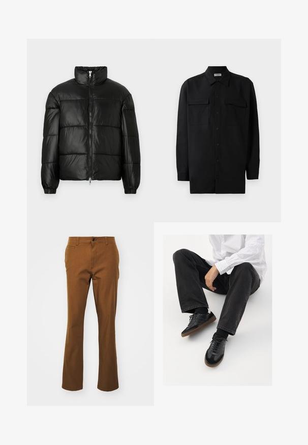 Must mustaga jakker, millel on kõrge krae, luku esikinnitus, tikanditud disain, elastsed mansetid ja läikiv, sile kangast viimistlus.; Mustmust värvi nööpidega särk, mis on valmistatud sujuvast kangast, klassikalise kraega, kahe eesmise tasku ja pikkade varrukatega, millel on nööpidega mansetid.; Pruunid sirged püksid, mis on valmistatud puuvillase segu materjalist, varustatud tõmbluku ja nööbkinnisega ning esi-taskutega. Sile tekstuur, igapäevane disain.; Mustad spordijalatsid siledast ja tekstuurilisest ülemisest osast, millel on kummist tald ja tumedad nöörid. Kombineeritud mustade teksade ja valge triibulise särgiga.