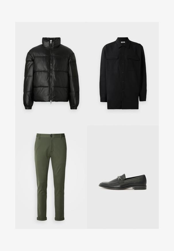 Černá péřová bunda s vysokým límcem, zapínáním na zip, prošívaným designem, elastickými manžetami a lesklým, hladkým povrchem.; Černá košile na knoflíky vyrobená z hladké tkaniny, s klasickým límcem, dvěma předními kapsami a dlouhými rukávy s knoflíkovými manžetami.; Zelené slim-fit kalhoty z měkké látky, s knoflíkovým zapínáním, klasickými kapsami a zahnuta hemem na kotnících.; Černé kožené mokasíny s hladkým povrchem, s prošívaným designem a dekoračním kovovým řetízkem přes nárt. Plochý podpatek.