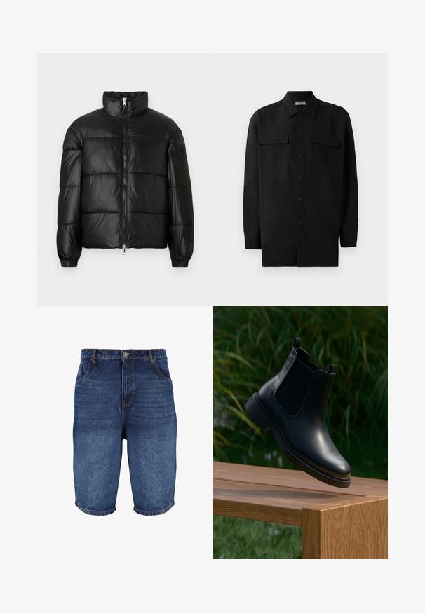 Must mustaga jakker, millel on kõrge krae, luku esikinnitus, tikanditud disain, elastsed mansetid ja läikiv, sile kangast viimistlus.; Mustmust värvi nööpidega särk, mis on valmistatud sujuvast kangast, klassikalise kraega, kahe eesmise tasku ja pikkade varrukatega, millel on nööpidega mansetid.; Tumedatest sinises denimist lühikesed püksid, millel on tuhm viimistlus. Omab viit taskut, ees nupuga sulgemist ja õmblustega detailid pitsides.; Mustmustest musta saapad elastsete külgpaneelidega hõljumas puidust pingil, rohelise lehestiku taustal.