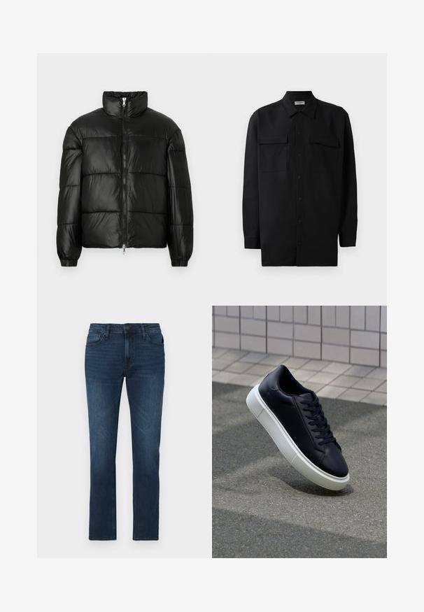 Černá péřová bunda s vysokým límcem, zapínáním na zip, prošívaným designem, elastickými manžetami a lesklým, hladkým povrchem.; Černá košile na knoflíky vyrobená z hladké tkaniny, s klasickým límcem, dvěma předními kapsami a dlouhými rukávy s knoflíkovými manžetami.; Tmavě modré džíny z denimu se středním střihem nohou, vybavené zapínáním na knoflík a zip, designem pěti kapes a jemným vyblednutím v látce.; Černé kožené tenisky s kulatou špičkou a bílou gumovou podrážkou. mají ploché tkaničky a minimální šití na svršku. Texturovaná podrážka pro lepší přilnavost.