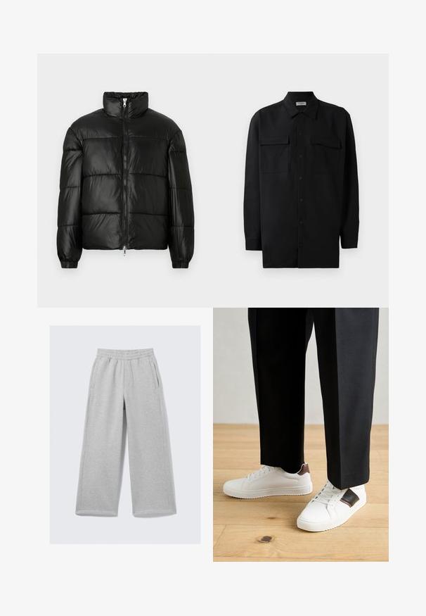 Black puffer jacket with a high collar, zip front closure, quilted design, elastic cuffs, and shiny, smooth fabric finish.; Black button-up shirt made of smooth fabric, featuring a classic collar, two front pockets, and long sleeves with button cuffs.; Light gray sweatpants with a wide-leg design, elastic waistband, and side pockets. Made from soft, textured cotton blend fabric.; White sneakers with smooth texture, featuring brown leather accents and black detailing, paired with black tailored pants. Wooden floor background.