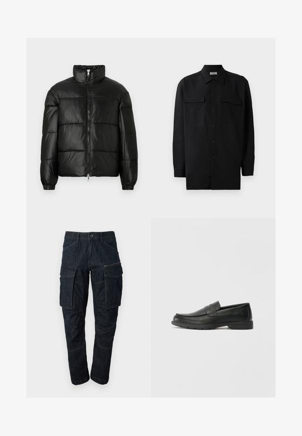 Čierna páperová bunda s vysokým golierom, predným zipsom, prešívaným dizajnom, elastickými manžetami a lesklým hladkým materiálom.; Čierna košeľa na gombíky vyrobená z hladkej tkaniny, so klasickým golierom, dvoma prednými vreckami a dlhými rukávmi s gombíkovými manžetami.; Tmavomodré denimové cargo nohavice s viacerými vreckami, so zipsom a rovnými nohavicami. Pevná tkanina s viditeľnými švami.; Čierne kožené mokasíny s hladkým povrchom, vrchnou časťou v štýle mokasín, prešitým detailom a gumovou podrážkou. Klasický dizajn s nízkym podpätkom.