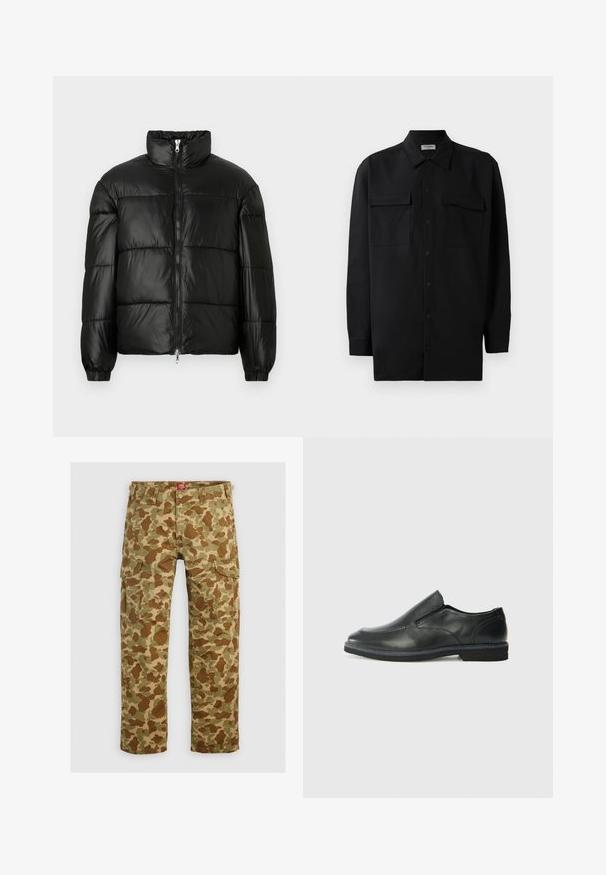 Casaco puffer preto com gola alta, fecho frontal em zíper, design acolchoado, punhos elásticos e acabamento de tecido brilhante e suave.; Camisa preta de botão, feita de um tecido suave, com golas clássicas, dois bolsos frontais e mangas longas com punhos abotoados.; Calças cargo camufladas em diferentes tons de verde e castanho, com vários bolsos e um corte relaxado, feitas de tecido resistente.; Sapato slip-on preto em pele com um upper liso, acabamentos cosidos, bico arredondado e um salto de borracha baixo. A sola apresenta um padrão de aderência mínimo.