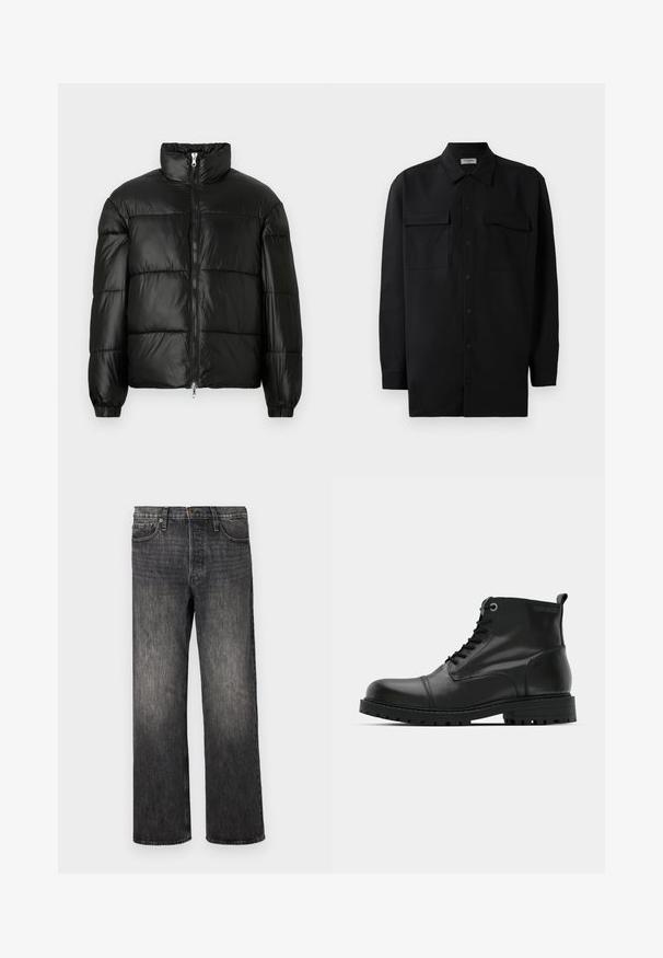 Mustat puffer-takki korkealla kauluksella, vetoketjukiinnitys edessä, tikattu malli, joustavat hihansuut ja kiiltävä, sileä kangasviimeistely.; Musta napillinen paita, joka on valmistettu sileästä kankaasta. Paita sisältää klassisen kaulan, kaksi etutaskua ja pitkät hihat, joissa on nappivarat.; Tummanharmaat farkut, suoranlahkeiset, viidellä taskulla, metallinappisuljenta ja hienovarainen haalistuminen. Siisti muotoilu ilman näkyviä kuvioita.; Musta nahkasaappaat nilkkamittaisella, pyöreällä kärjellä, nauhakiinnityksellä, kontrastoivilla harmailla silmukoilla ja karkealla kumipohjalla. Sujuva pinta, jossa on vain vähän korostuksia.