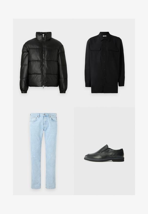 Chaqueta de pluma negra con un cuello alto, cierre frontal con cremallera, diseño acolchado, puños elásticos y acabado de tela brillante y suave.; Camisa negra de botones, fabricada en tejido suave, con un cuello clásico, dos bolsillos delanteros y mangas largas con puños de botón.; Jeans de mezclilla azul claro con corte recto, que presentan un ligero desgastado, diseño estándar de cinco bolsillos y cierre de botón.; Zapato negro de cuero sin cordones con un upper suave, detalles de costura, punta redonda y un bajo tacón de goma. La suela presenta una tracción mínima.