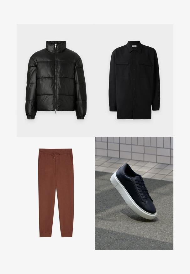 Svart pufferjakke med høy krage, glidelås foran, quiltet design, elastiske mansjetter og blank, glatt stofffinish.; Svart skjorte med knapper laget av glatt stoff, med klassisk krage, to frontlommer og lange ermer med knappe mansjetter.; Brune joggebukser med snor i livet, sidelommer og smalere ben. Laget av mykt stoff med en glatt tekstur og uten synlige mønstre.; Sorte skinnsneakers med rund tå og hvit gummisåle. Har flate lisser og minimal søm på overdelen. Strukturert såle for grep.