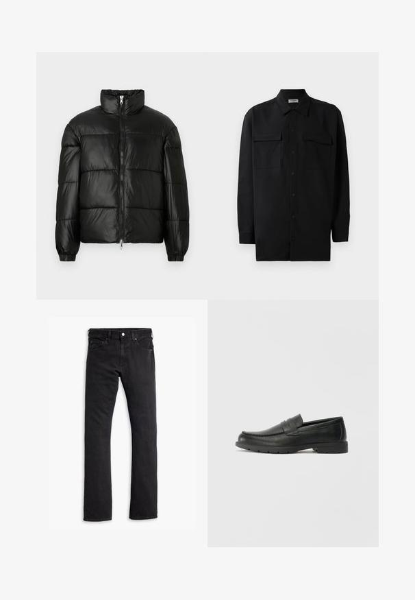 Must mustaga jakker, millel on kõrge krae, luku esikinnitus, tikanditud disain, elastsed mansetid ja läikiv, sile kangast viimistlus.; Mustmust värvi nööpidega särk, mis on valmistatud sujuvast kangast, klassikalise kraega, kahe eesmise tasku ja pikkade varrukatega, millel on nööpidega mansetid.; Mustad teksad sirge säärega, viie taskuga disain, nupuga kinnitamine vööl ja peened õmblused. Ühtlane tekstuur.; Musthave nahkkingad siledast nahast, mokassiini stiilis ülevalt, tikanditega ja kummist tallaga. Klassikaline disain madala kontsaga.