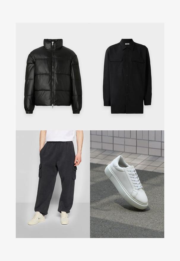 Čierna páperová bunda s vysokým golierom, predným zipsom, prešívaným dizajnom, elastickými manžetami a lesklým hladkým materiálom.; Čierna košeľa na gombíky vyrobená z hladkej tkaniny, so klasickým golierom, dvoma prednými vreckami a dlhými rukávmi s gombíkovými manžetami.; Tmavo šedé cargo nohavice s elastickým pásom, bočnými vreckami a voľným strihom. Vyrobené z mäkkej tkaniny, s prešitými detailmi na vreckách.; Biele kožené tenisky s hladkým povrchom, okrúhlym špičkou a plochými bielymi šnúrkami. Obsahuje štruktúrovanú gumovú podrážku a minimalistický dizajn.