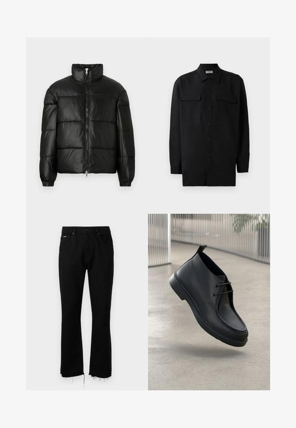 Črna pufasta jakna z visokim ovratnikom, z zadrgo spredaj, prešito zasnovo, elastičnimi manšetami in sijočim, gladkim zaključkom tkanine.; Črn srajčni zgornji del iz gladkega materiala, s klasičnim ovratnikom, dvema sprednjima žepoma in dolgimi rokavi z gumbi na manšetah.; Črne jeans hlače s razširjenim krojem, ki imajo zfriziran rob, dve sprednji žepni in en zadnji žep. Kovinski gumb za zapiranje v pasu.; Črne usnjene čevlje z gladko teksturo, zaobljenim nosom in vezikami; ima nizek profil podplata in zanko na hrbtni strani.