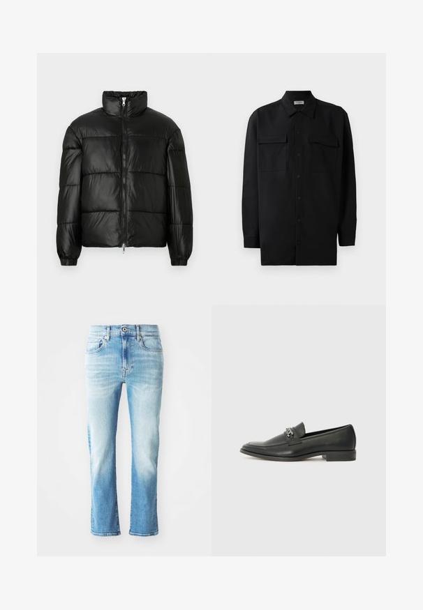 Casaco puffer preto com gola alta, fecho frontal em zíper, design acolchoado, punhos elásticos e acabamento de tecido brilhante e suave.; Camisa preta de botão, feita de um tecido suave, com golas clássicas, dois bolsos frontais e mangas longas com punhos abotoados.; Jeans de denim azul claro com um design de perna reta, apresentando um efeito desbotado, cinco bolsos e fecho padrão com botão e zipper.; Sapatilha de couro preta com um acabamento suave, apresentando um design cosido e um detalhe decorativo de corrente de metal atravessando o peito do pé. Salto baixo.