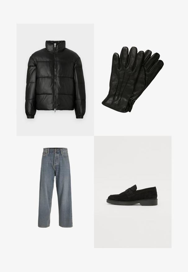 Chaqueta de pluma negra con un cuello alto, cierre frontal con cremallera, diseño acolchado, puños elásticos y acabado de tela brillante y suave.; Camisa negra de botones, fabricada en tejido suave, con un cuello clásico, dos bolsillos delanteros y mangas largas con puños de botón.; Jeans de mezclilla de pierna ancha en azul claro con una cintura alta, diseño de cinco bolsillos y costuras visibles. Textura suave con un aspecto ligeramente desgastado.; Mocasines de ante negro con un tacón bajo, que presentan una banda simple en la parte superior y detalles texturizados a lo largo de los lados.; Guantes de cuero negro con una textura suave, cinco dedos y detalles de costura sutiles. Diseño clásico, adecuado para usar en clima frío.