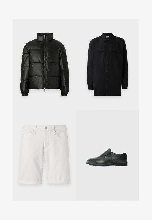 Juodas pūkinis švarkas su aukštu apykakle, užtrauktuko priekyje, siuvinėtu dizainu, elastingais rankogaliais ir blizgia, lygiąja audinio apdaila.; Juodas marškinis su mygtukais, pagamintas iš lygaus audinio, turi klasikinius apykaklės, du priekiniai kišeniai ir ilgus rankovės su mygtukais.; Balti džinsiniai šortai su klasikinio kirpimo, su suktiniu apvadu, priekinėmis kišenėmis ir metaline sagtele. Lygus paviršius.; Juodai odiniai įtvirtinimo batai su lygiu paviršiumi, siuvinėjimo akcentais, apvalia nosimi ir žemu guminiu kulnu. Pado raštas minimalus.