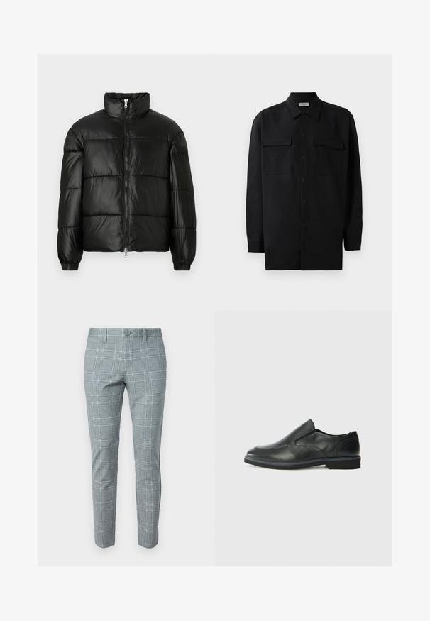Doudoune noire avec un col montant, fermeture éclair sur le devant, design matelassé, poignets élastiques et finition en tissu lisse et brillant.; Chemise noire à manches longues en tissu lisse, dotée d'un col classique, de deux poches devant et de poignets à boutons.; Pantalons en pied-de-poule gris avec une coupe cintrée, fermeture à bouton et texture de tissu lisse avec un motif en grille.; Chaussure slip-on en cuir noir avec une tige lisse, des accents cousus, un bout arrondi et un petit talon en caoutchouc. La semelle présente un profil de traction minimal.