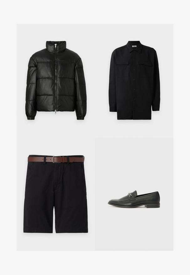 Melna pūkainā jaka ar augstu apkakli, rāvējslēdzēja priekšējo aizdari, quilted dizainu, elastīgām piedurknēm un spīdīgu, gludu auduma apdari.; Melnā pogu krekla, kas izgatavota no gludas auduma, ar klasisku apkakli, divām priekšējām kabatām un garām piedurknēm ar pogu aprocēm.; Melni kokvilnas šorti ar brūnu ādas jostu. Dizains ietver priekšējās kabatas un taisnu piegriezumu ar apstrādātiem malām.; Melna ādas loafer izmēra apavi ar gludu virsmu, piedāvā ar šūtu dizainu un dekoratīvu metāla ķēdes akcentu pār vampu. Plakana papēža daļa.