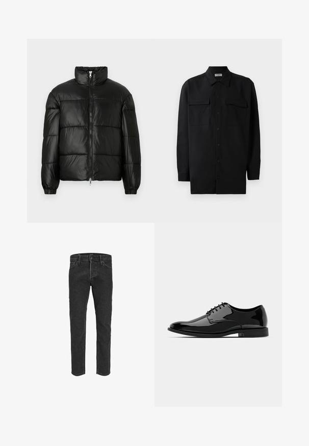 Sort puffet jakke med høj krave, lynlås foran, quiltet design, elastiske manchetter og skinnende, glat stoffinish.; Sort skjorte med knapper lavet af glat stof, med klassisk krave, to frontlommer og lange ærmer med knapmanchetter.; Sorte denimbukser med lige ben, fem lommer og bæltestropper, der har en let falmet tekstur og kontraststing. ; Sort lakeret dresssko med en afrundet tå, snørebåndsdesign og glat, skinnende overflade. Har en lavprofils gummisål.