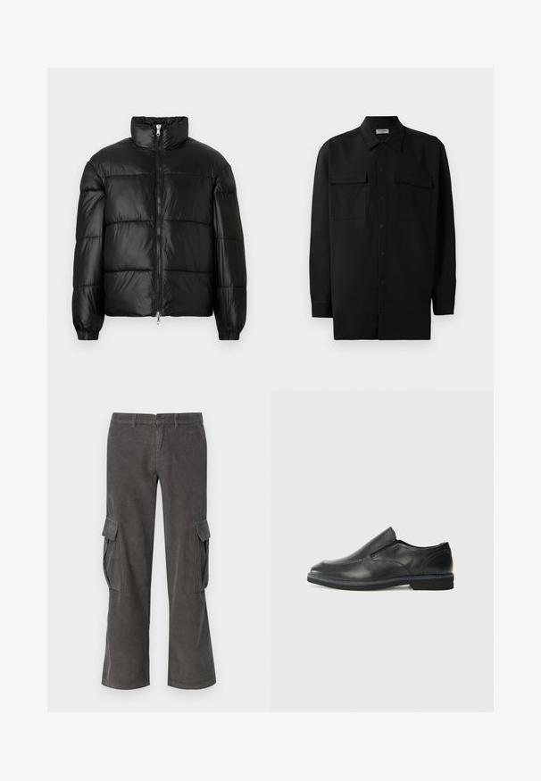 Črna pufasta jakna z visokim ovratnikom, z zadrgo spredaj, prešito zasnovo, elastičnimi manšetami in sijočim, gladkim zaključkom tkanine.; Črn srajčni zgornji del iz gladkega materiala, s klasičnim ovratnikom, dvema sprednjima žepoma in dolgimi rokavi z gumbi na manšetah.; Sive hlače iz korduri, ki imajo ravno kroj, stranske žepke in subtilno valovito teksturo. Zapenjanje na gumb in zadrgo v pasu.; Črne usnjene natikače z gladkim zgornjim delom, prišitimi detajli, zaobljenim nosom in nizkim gumijastim petkom. Podplat ima minimalen profil.